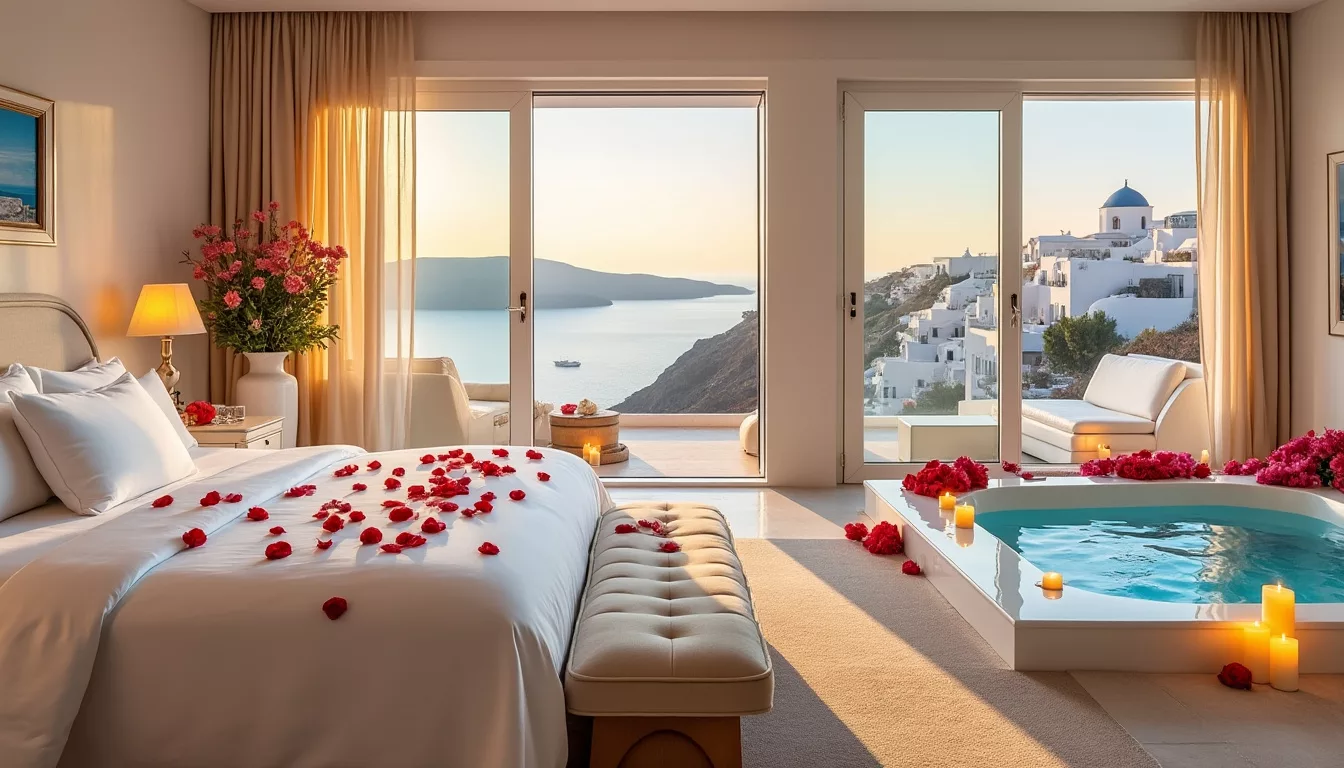 offrez-vous une lune de miel inoubliable à la romance suite & spa 450 à santorin : une escapade romantique avec vues à couper le souffle, spa luxueux et ambiance féerique pour des souvenirs magiques à deux.