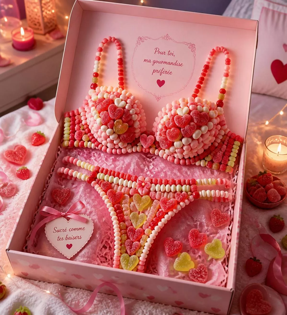 découvrez la lingerie comestible en bonbons : des strings et soutiens-gorge gourmands et ludiques pour pimenter vos moments intimes avec douceur et originalité.