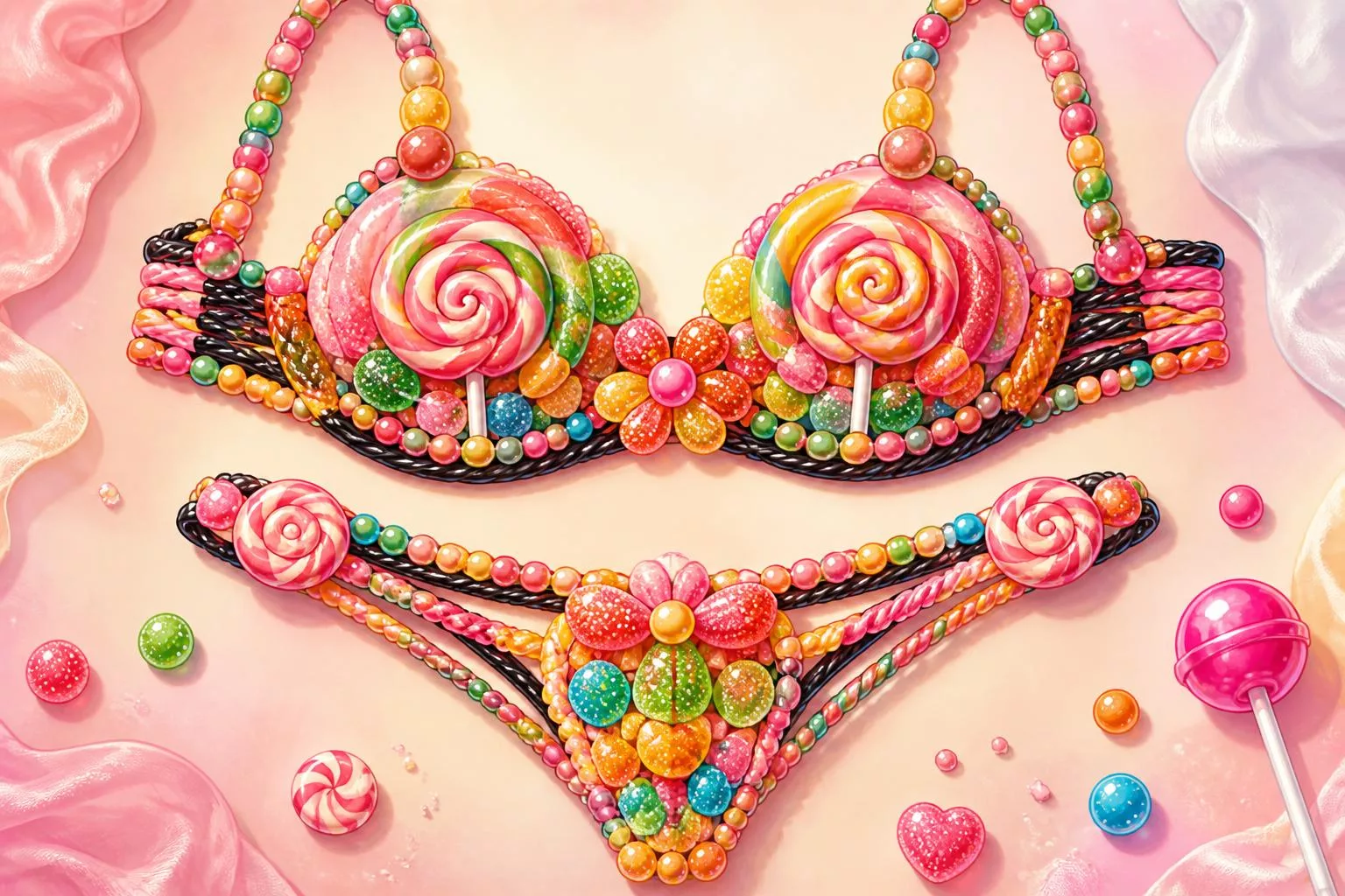 découvrez la lingerie comestible en bonbons : des strings et soutiens-gorge gourmands pour allier plaisir et sensualité de façon originale et sucrée.